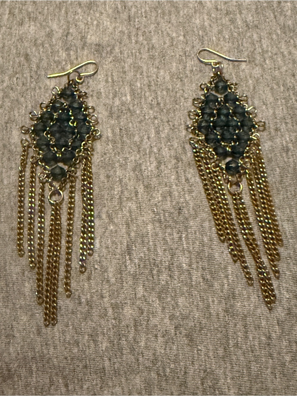 Gold-Tone Fringe Drop Earrings with Blue Beaded Diamond Motif - Picture 5 of 6